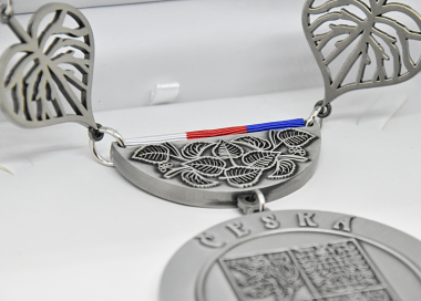 Detail závěsného odznaku pro starosty se zdobným lipovým řetězem a státními barvami, starostříbro