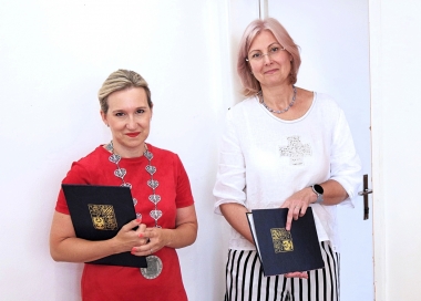 Závěsná insignie s lipovým řetězem, obřadní desky s trikolórou a státním znakem ČR