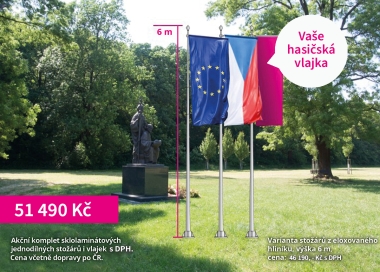 Výhodný set 3 stožárů s otočným ramenem, vlajky ČR, EU a hasičské vlajky.