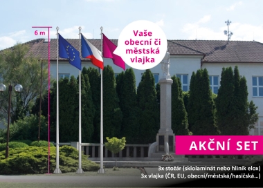 Výhodný set 3 stožárů s vnějším vedením lanka, vlajky ČR, EU a obecní/městské vlajky.