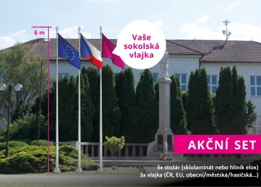 Výhodný set 3 stožárů s vnějším vedením lanka, vlajky ČR, EU a sokolské vlajky.