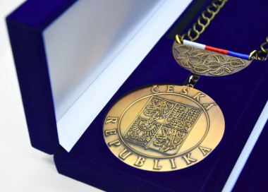 Detail závěsného odznaku pro starosty s řetízkem a státními barvami, starozlato.