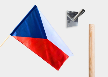 Komplet vlajky ČR s dřevěnou tyči a nerezovým fasádním držákem