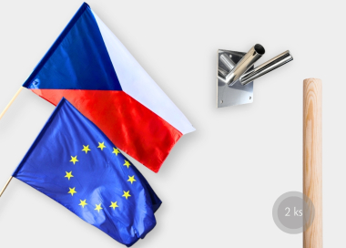 Komplet vlajky ČR a EU s dřevěnou tyči a nerezovým fasádním držákem