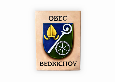 Originální olejomalba znaku obce Bedřichov s názvem obce na rámovaném plátně