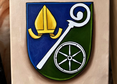 Detail ruční olejomalby obecního znaku, Bedřichov
