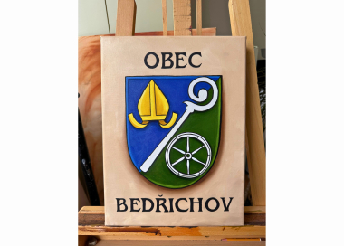 Originální olejomalba znaku obce Bedřichov s názvem obce na rámovaném plátně